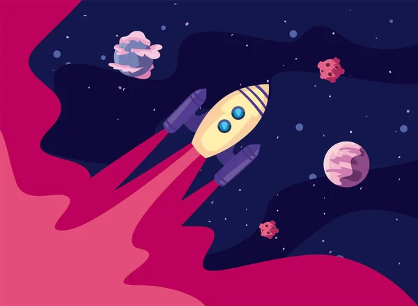 Cohete espacial con planetas en escena espacial — Vector de stock