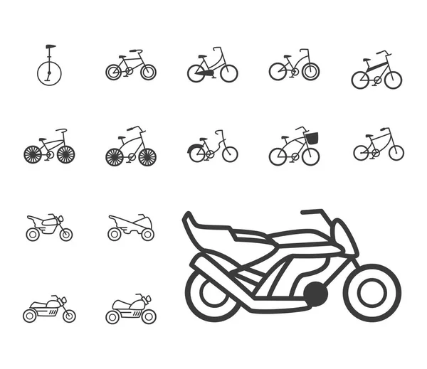 Набор иконок, представляющих различные типы мотоциклов и велосипедов — стоковый вектор