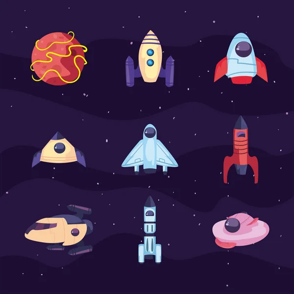 Set of spaceships and planet on purple background — Stockvektor