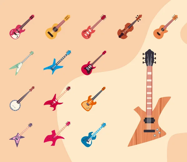 Guitars instruments flat style set of icons vector design — Stock Vector