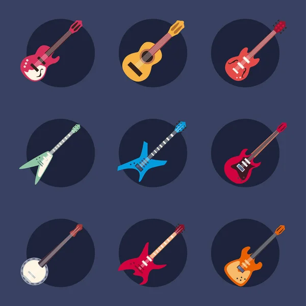 Instrumentos de guitarras design de vetor conjunto de ícones de estilo plano — Vetor de Stock
