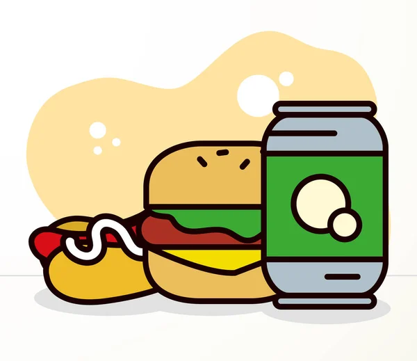 Банка соды с гамбургером и хот-догом, линия и стиль заливки — стоковый вектор