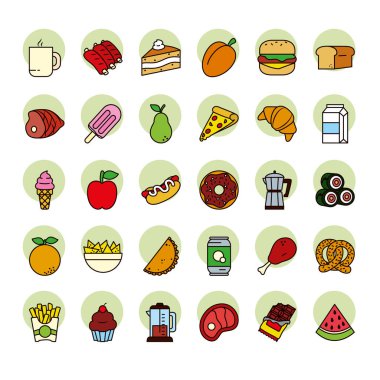 kahve fincanı ve yemek ikonu seti, çizgi ve dolgu stili