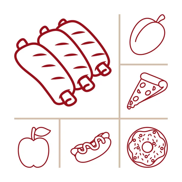 Costelas de porco e conjunto de ícone de comida, estilo de linha — Vetor de Stock