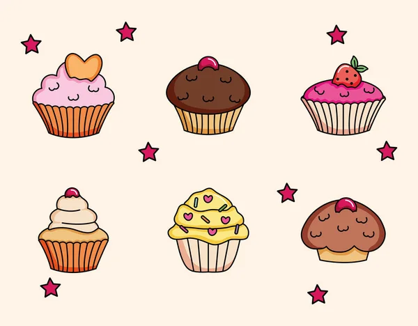 Icoon set van cupcakes, kleurrijk ontwerp — Stockvector