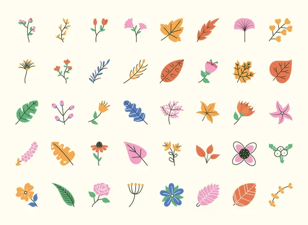 Doodle yaprakları simge seti, yarı çizgi yarı renk biçimi — Stok Vektör