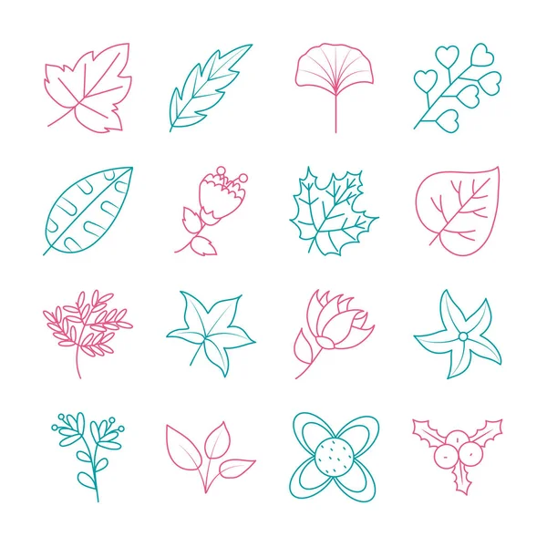 Folhas secas e doodle folhas ícone conjunto, estilo de linha — Vetor de Stock