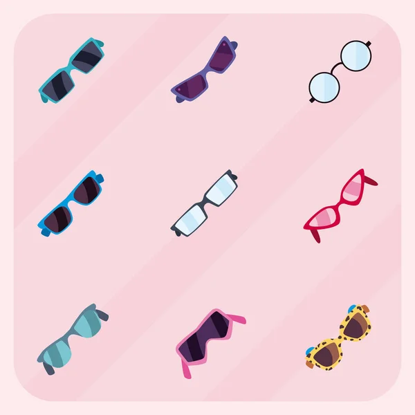 Uppsättning glasögon av olika stilar, på rosa bakgrund — Stock vektor