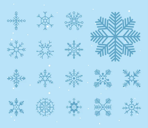 Set copos de nieve iconos sobre fondo azul, Navidad y el concepto de invierno — Archivo Imágenes Vectoriales