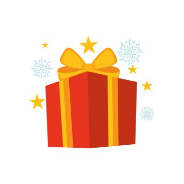 Etrafta kar taneleri ve yıldızlar olan kırmızı hediye kutusu, renkli tasarım.