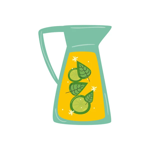 Frasco de bebida con hojas y limón — Vector de stock