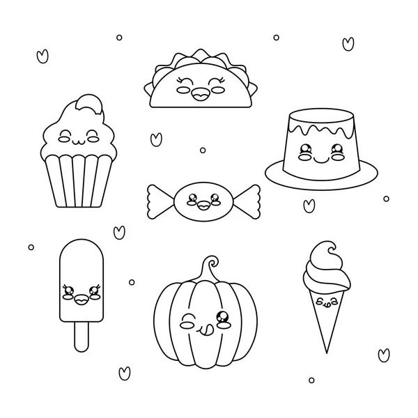 Kawaii snoep en voedsel pictogram set, lijn stijl — Stockvector