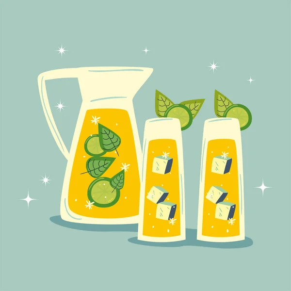 Банку и стаканы напитка с листьями и лимоном — стоковый вектор