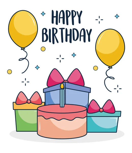 Feliz cumpleaños diseño con pastel de cumpleaños y cajas de regalo — Vector de stock