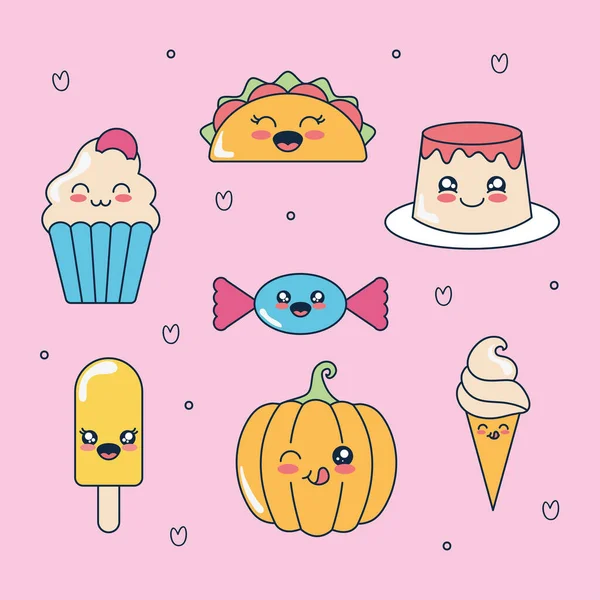 Ensemble de bonbons kawaii et icône de la nourriture, style plat — Image vectorielle