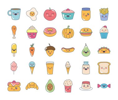 Kawaii kahve fincanı ve yemek ikonu seti, düz stil.