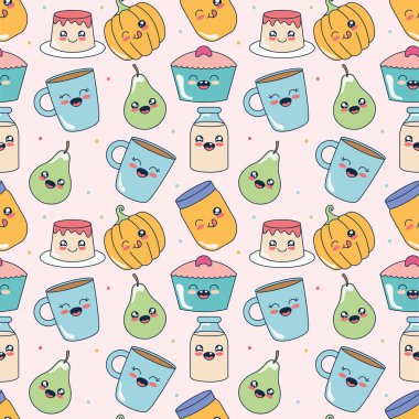 kawaii yemek deseni, renkli tasarım.