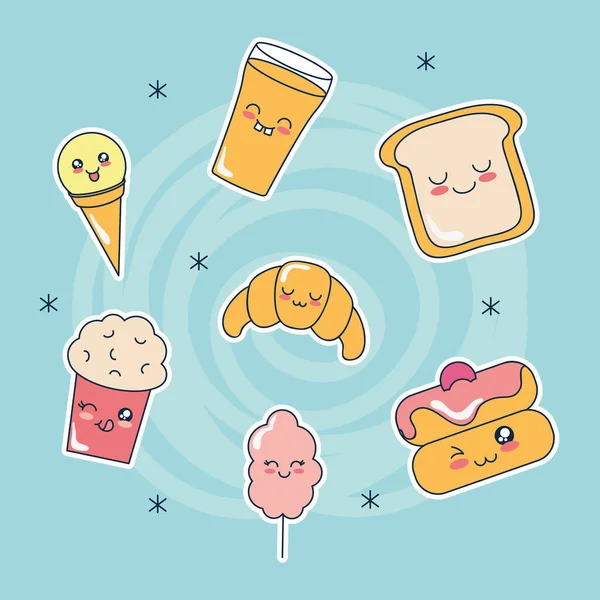 Kawaii ensemble d'icônes alimentaires, style plat — Image vectorielle