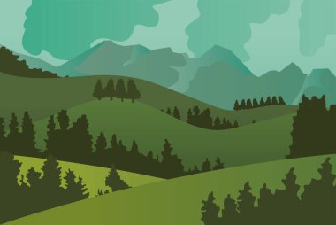 Ağaçlı ve tepeli dağ manzarasının gerçekçi bir çizimi