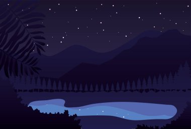 Gece dağları göl manzarası ve gökyüzünde yıldızlar, renkli tasarım.