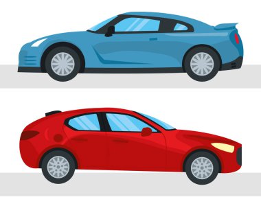 spor mavi araba ve kırmızı hatchback araba simgesi, renkli tasarım