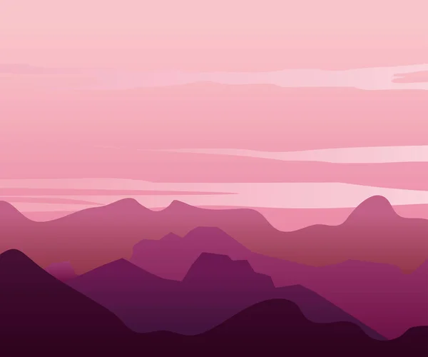 Rosa und violette Landschaft mit Silhouetten schöner Berge und Hügel — Stockvektor