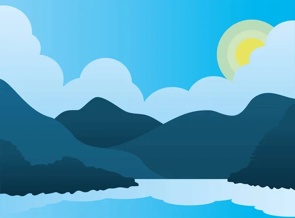 Озеро сонячний пейзаж з озером і силуетом гір — стоковий вектор