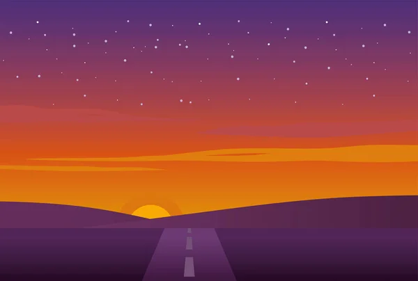 Sonnenuntergang Straßenlandschaft mit Sternen, buntes Design — Stockvektor