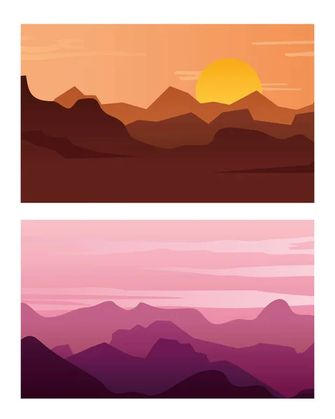 Paysage ensoleillé et paysage rose, design coloré — Image vectorielle