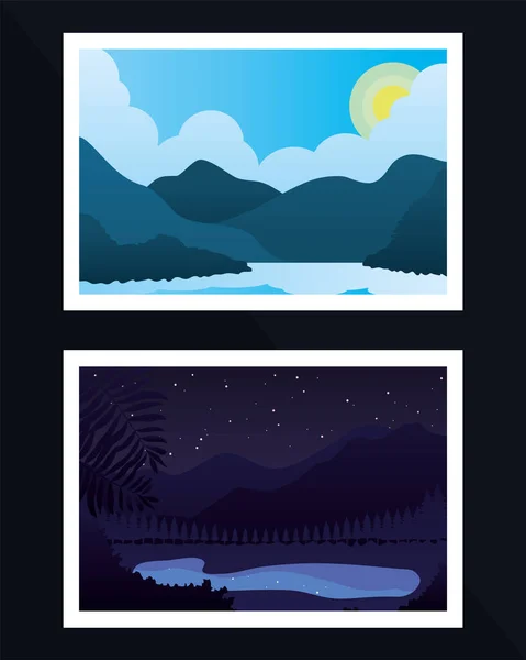 Nature montagnes nuit et paysage ensoleillé, design coloré — Image vectorielle