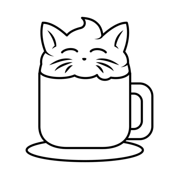 Carino cappuccino con crema con disegno gatto, stile linea — Vettoriale Stock