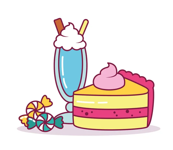Bir parça kek ve milkshake, sıra ve dolgu stili — Stok Vektör