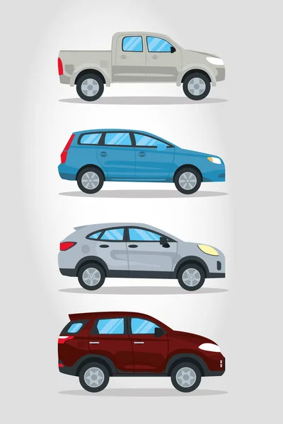 Pick-ups en suvs pictogram set, kleurrijk ontwerp — Stockvector