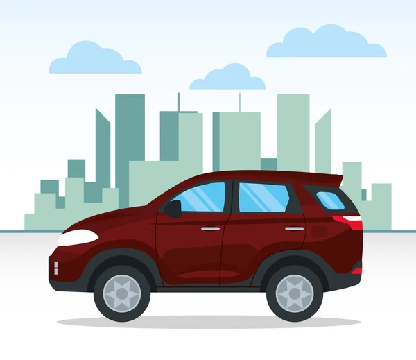 Rode SUV over stad landschap achtergrond, kleurrijk ontwerp — Stockvector