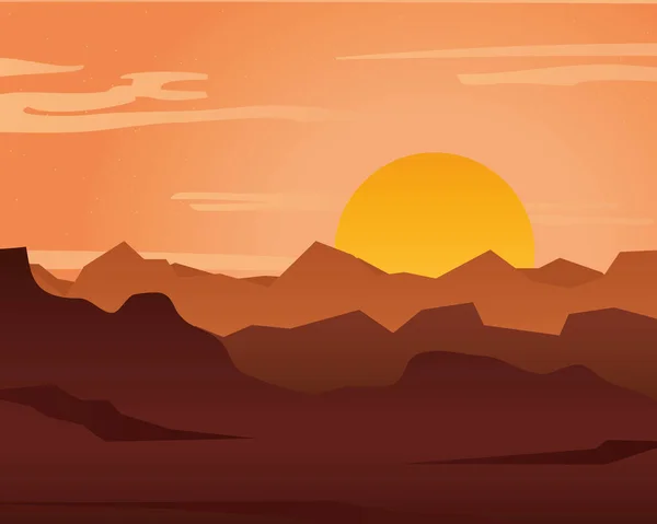 Sonnenuntergang Landschaft mit felsigen Bergen Silhouette — Stockvektor