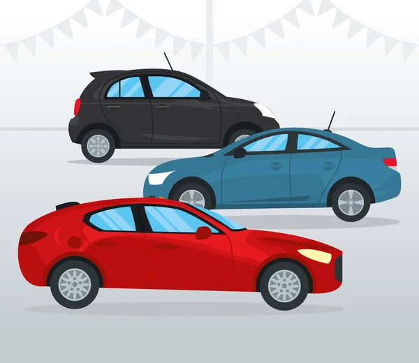Червоний хетчбек автомобіль і автомобілі, барвистий дизайн — стоковий вектор