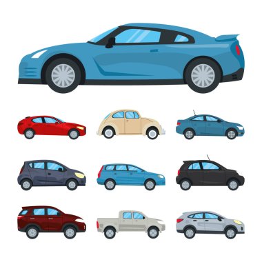 mavi spor araba ve arabalar simge seti, renkli tasarım