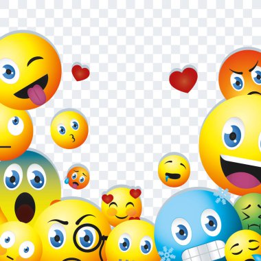 karikatür emojileri ve kalp çerçevesi, renkli tasarım