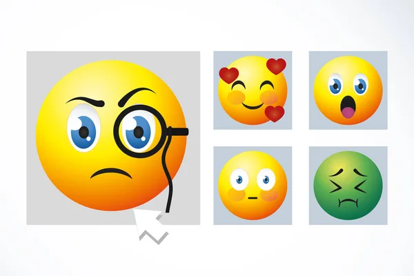 Desenho animado rosto surpreso e conjunto de ícones emojis, design colorido — Vetor de Stock