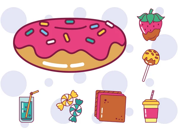 Donut et bonbons icône ensemble, ligne et style de remplissage — Image vectorielle