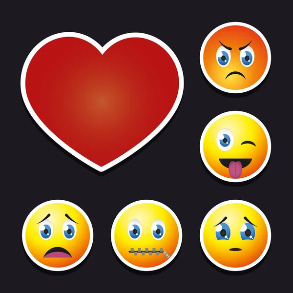Coração vermelho e conjunto de ícones emojis, design colorido — Vetor de Stock