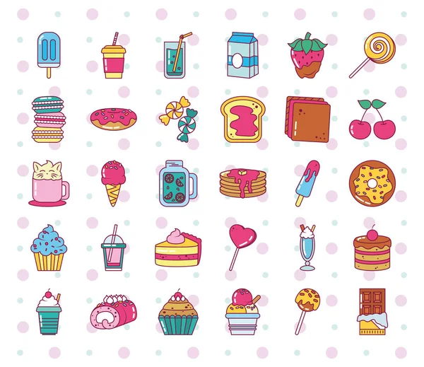 Caramelos dulces icono conjunto, línea y estilo de relleno — Vector de stock