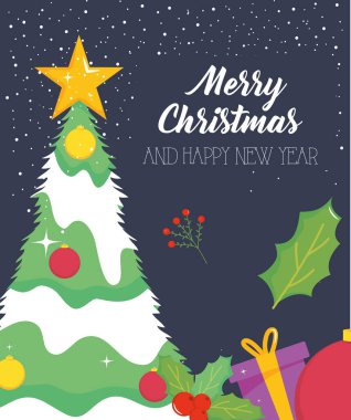 Kar ve hediye vektör tasarımlı mutlu noel çam ağaçları