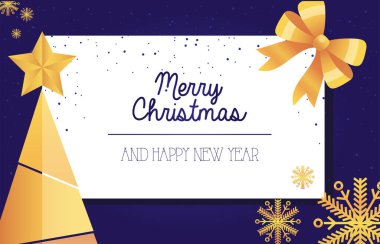 Mutlu noeller altın çam ağacı yayı ve kar taneleri vektör tasarımı