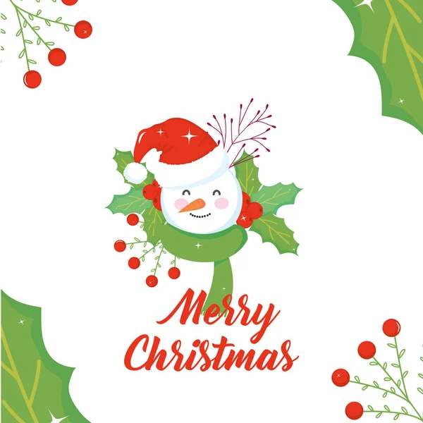 Веселый рождественский снеговик с ягодами и листьями векторного дизайна — стоковый вектор
