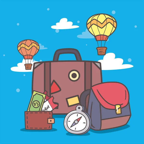 Cestovní taška peněženka kompas a horkovzdušné balónky vektor design — Stockový vektor
