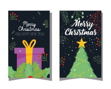 Mutlu noeller hediye yaprakları ve çam ağacı vektör tasarımı