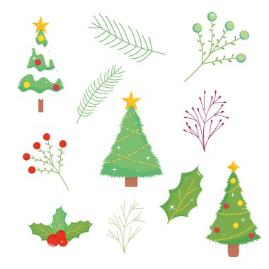 Mutlu noeller çam ağaçları yaprakları ve meyve vektör tasarımı