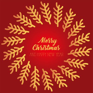 Mutlu noeller altın yapraklar kırmızı arkaplan vektör dizaynı üzerinde daire