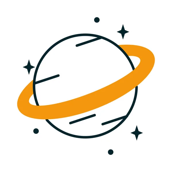 Icono de planeta saturno con estrellas alrededor, media línea de medio color estilo — Archivo Imágenes Vectoriales